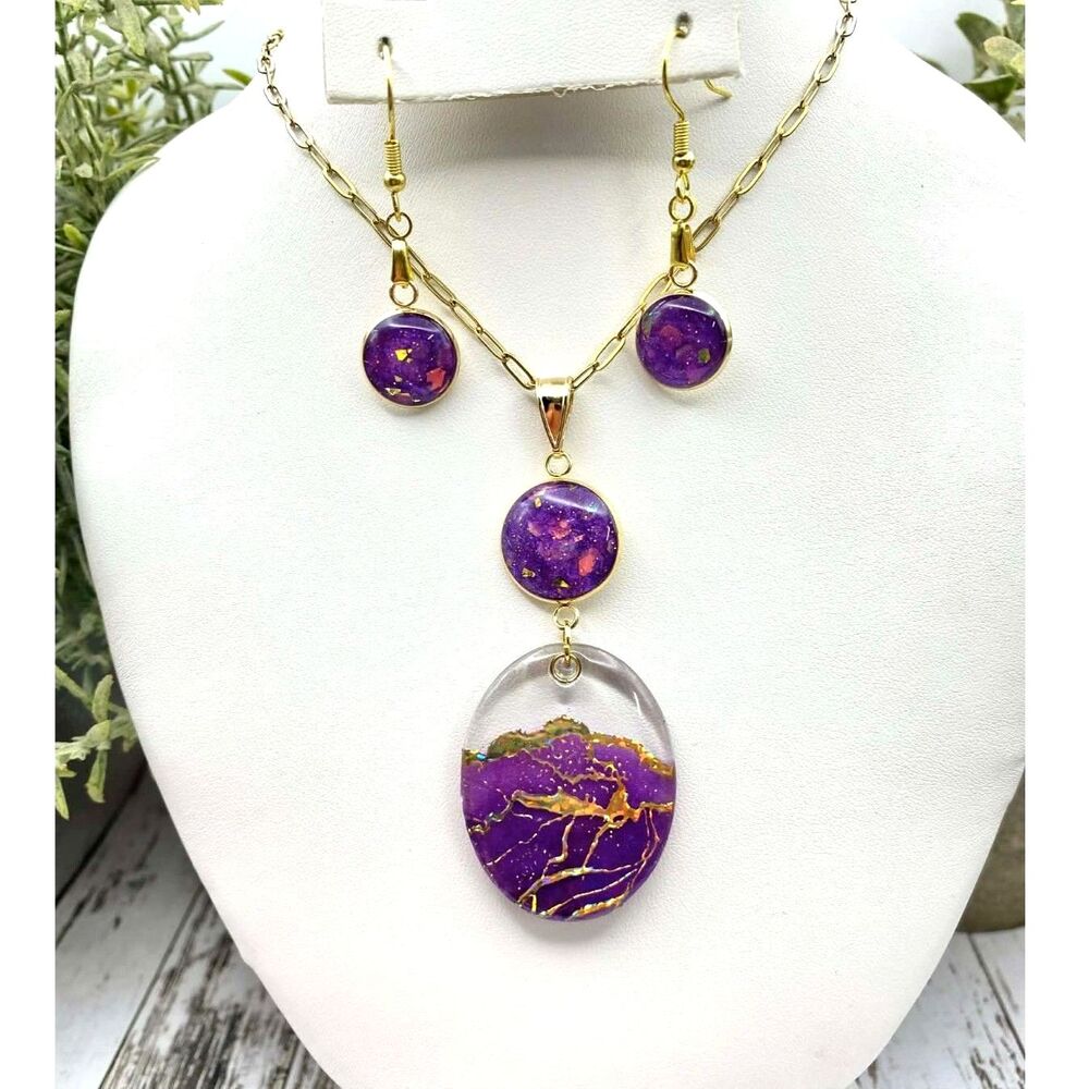 Purple Resin Necklace Earrings Set Gold Tone Galaxy Statement Jewelry - Picture 2 of 4